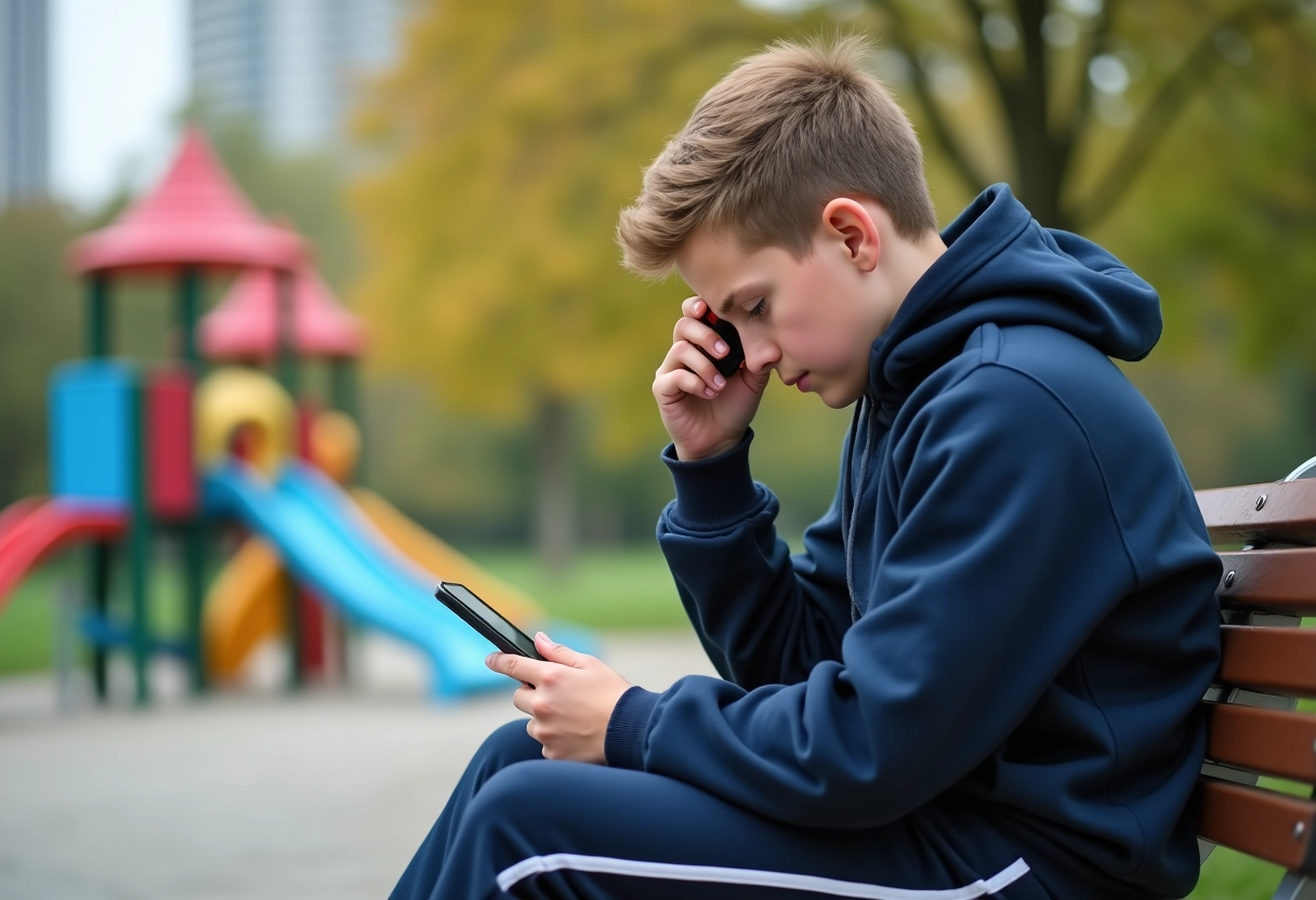 Adolescent avec smartphone sur un banc de parc