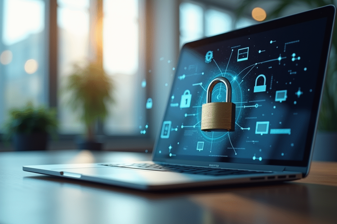 Bureau moderne avec ordinateur et cadenas de securite