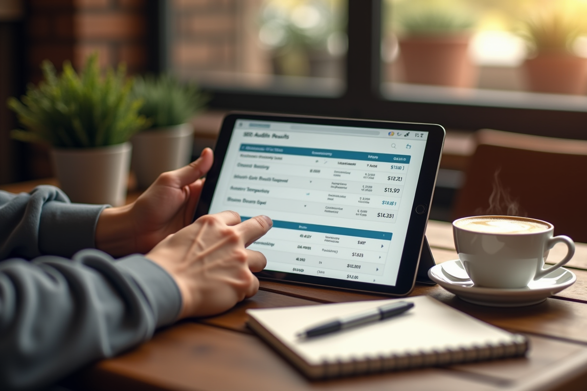Personne utilisant une tablette pour un audit SEO dans un café
