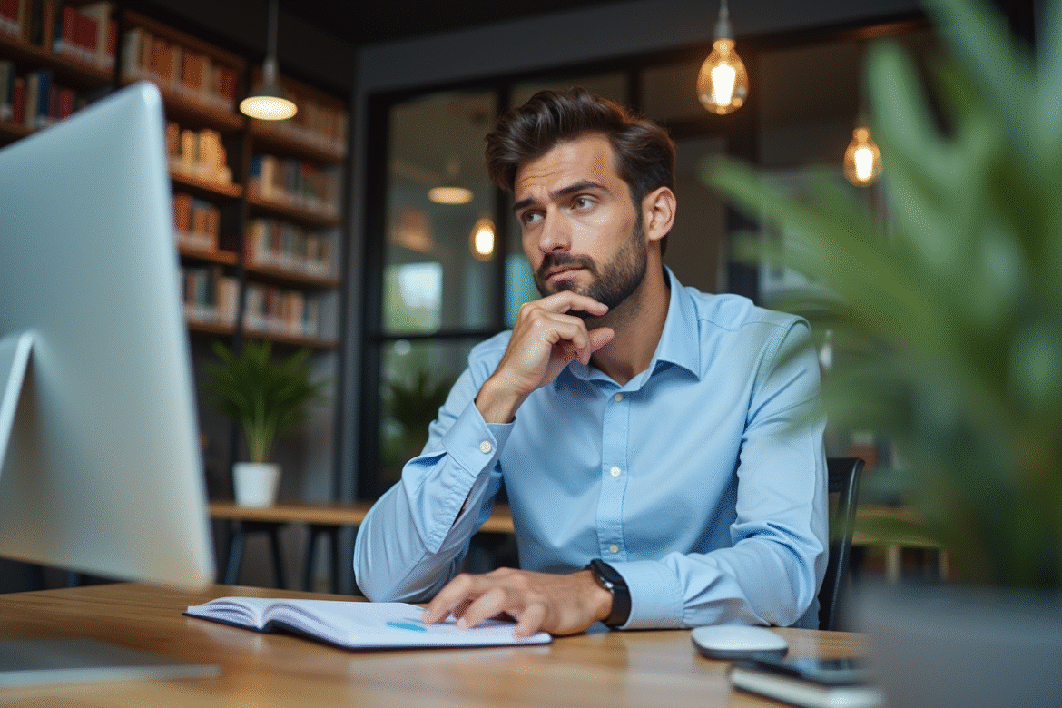 Consultant homme en tenue smartcasual analyse un tableau de bord digital