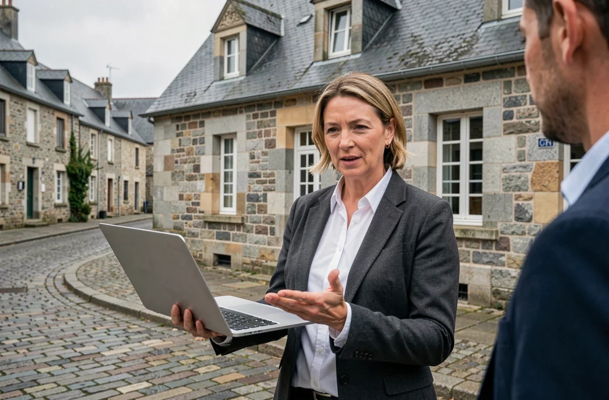 Consultante informatique devant un bâtiment en pierre bretonne lors d'une réunion professionnelle extérieure
