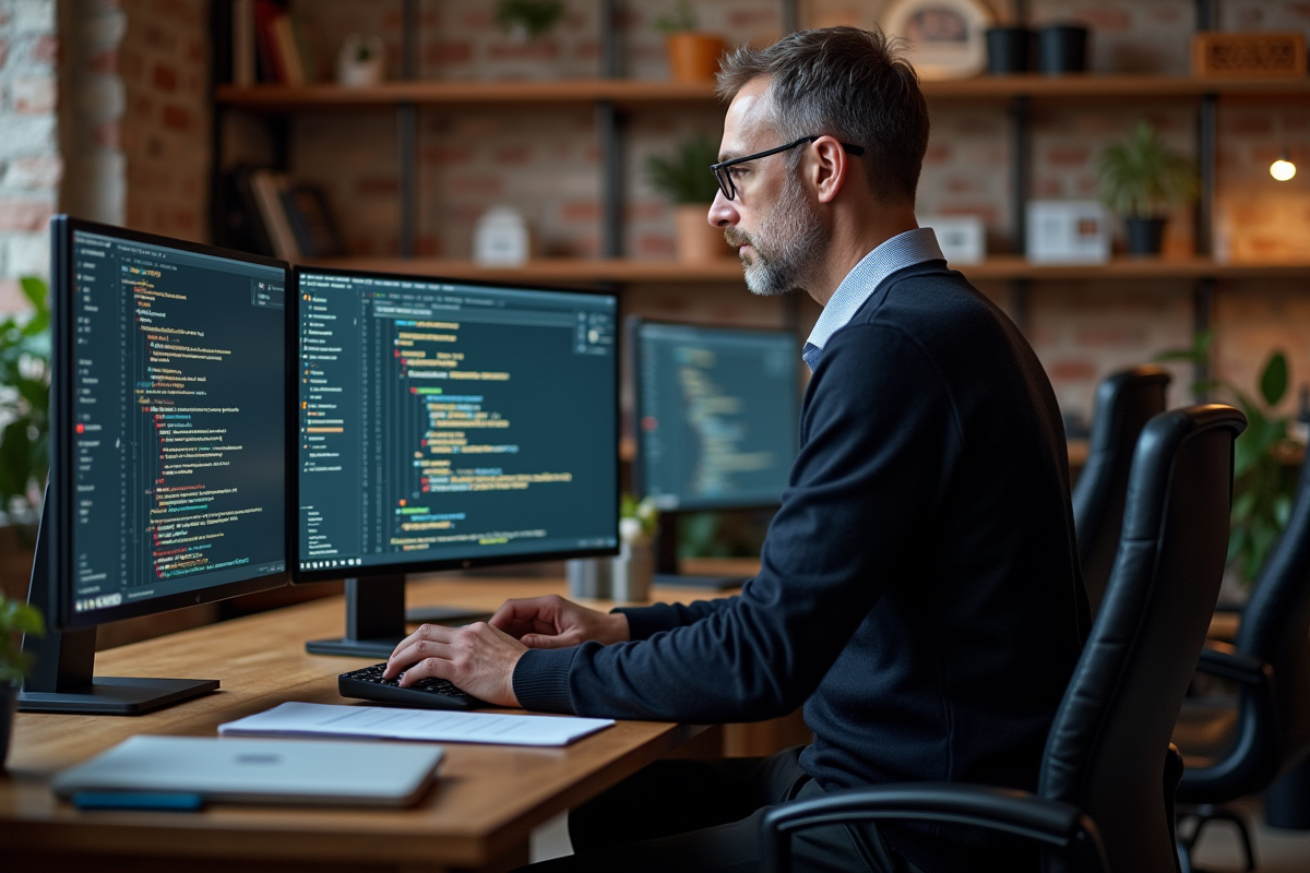 Homme développeur travaillant sur un double écran en entreprise