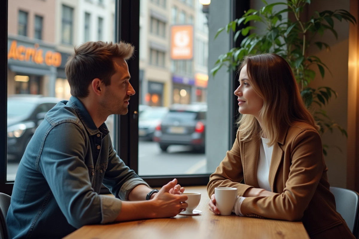 Deux professionnels discutant stratégie chatbot dans un café urbain