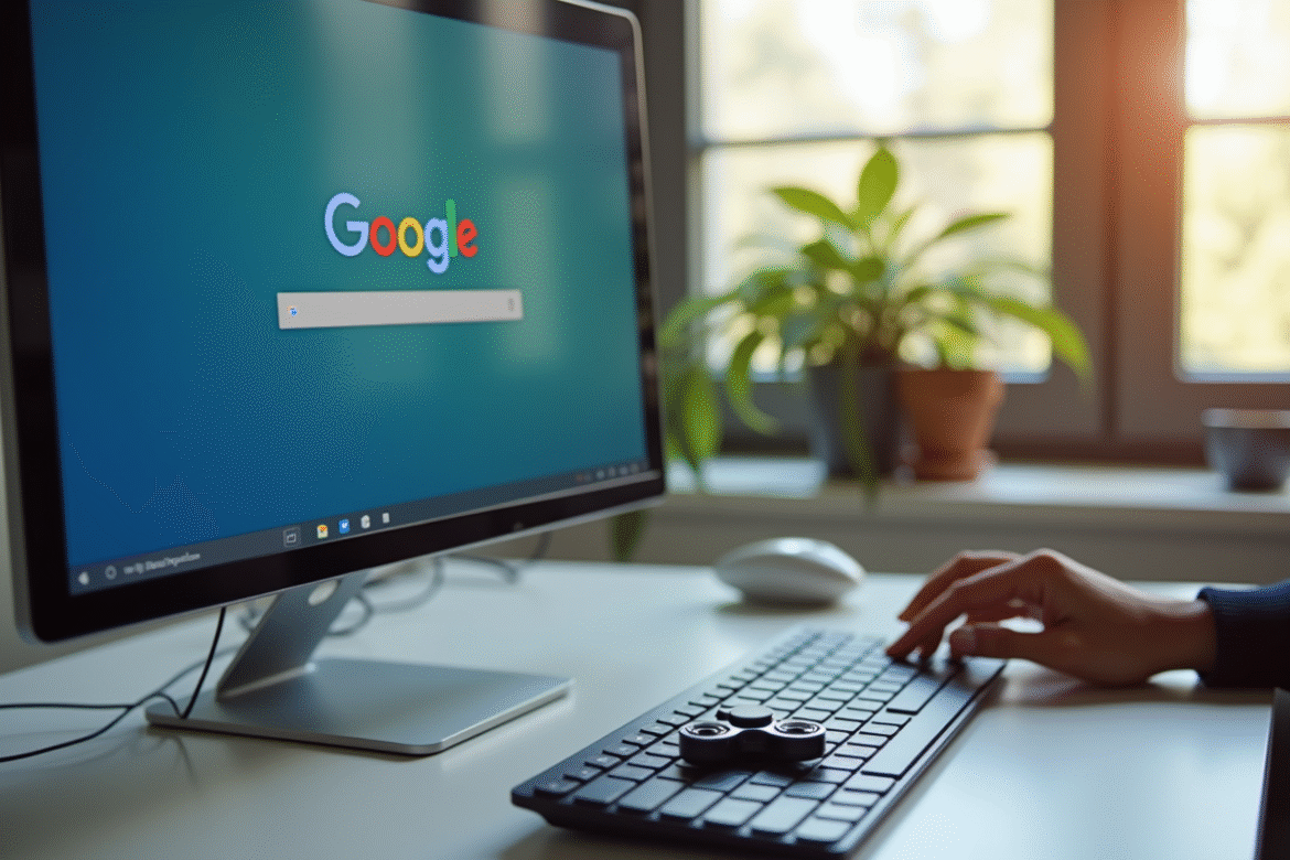 Ecran de recherche Google avec main et spinner