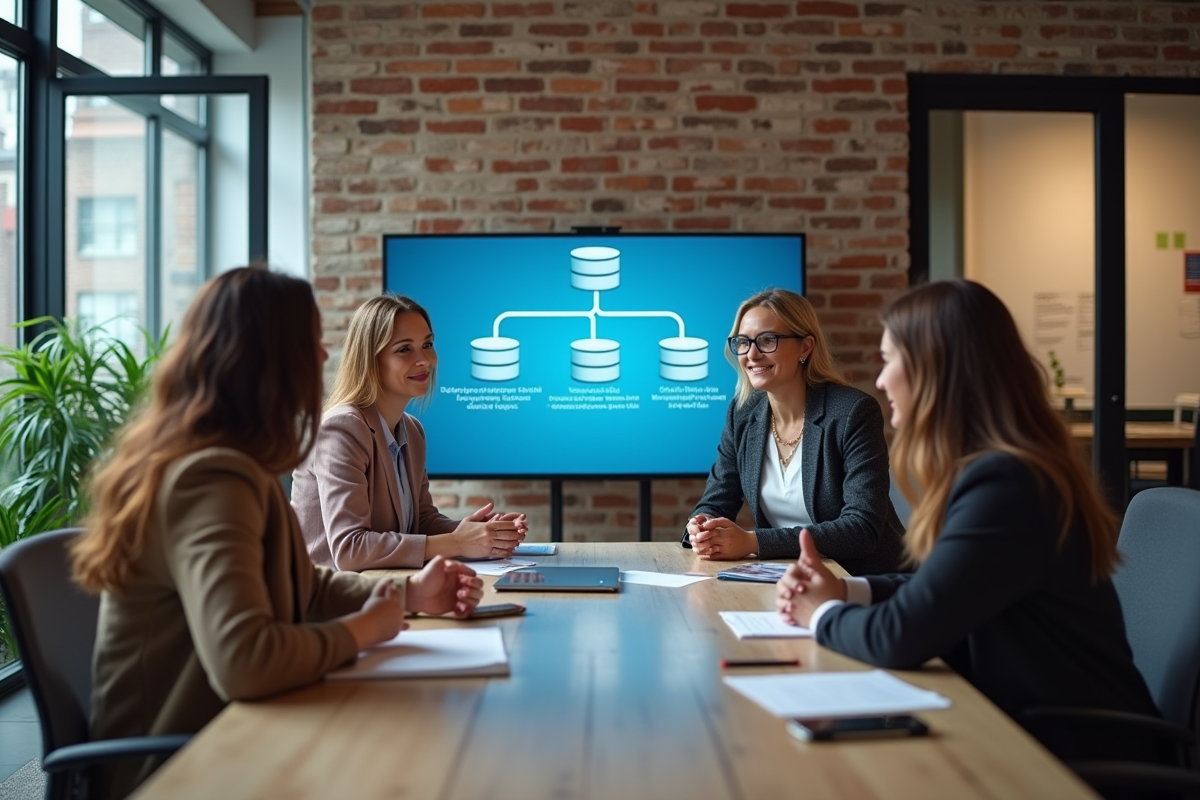 Groupe de collègues discutant autour d un schema de base de donnees