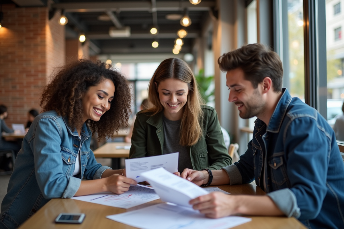 Groupe de trois personnes discutant autour d une table dans un espace de coworking
