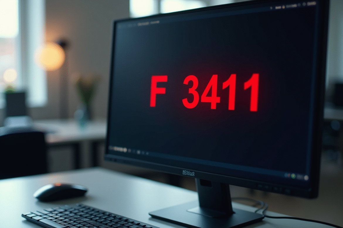 Ecran d'ordinateur affichant erreur F3411 en rouge dans un bureau