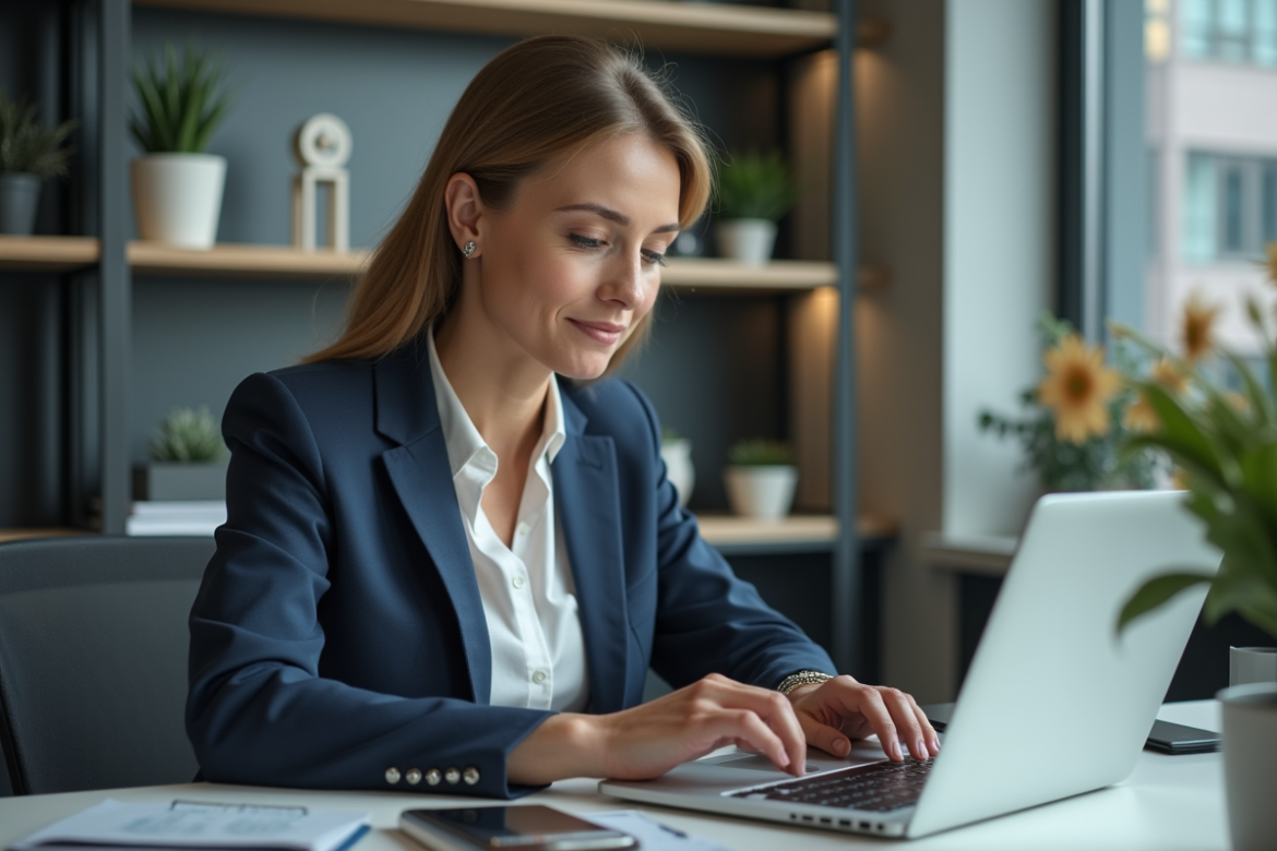 Femme d affaires au bureau travaillant sur son ordinateur