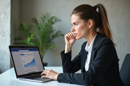 Jeune femme en bureau analysant Facebook avec graphique