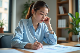 Femme concentrée étudiant un diagramme dans un bureau lumineux