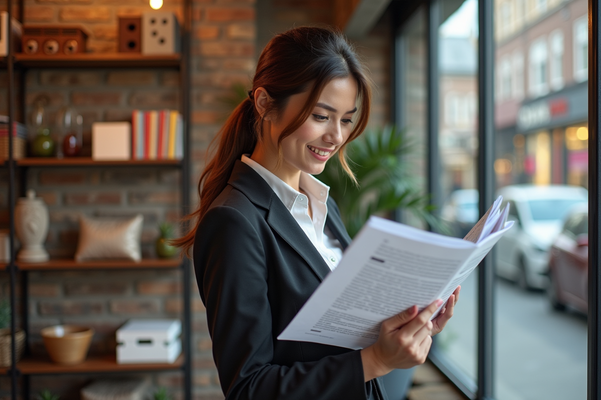 Femme propriétaire de boutique examinant des rapports SEO dans sa boutique
