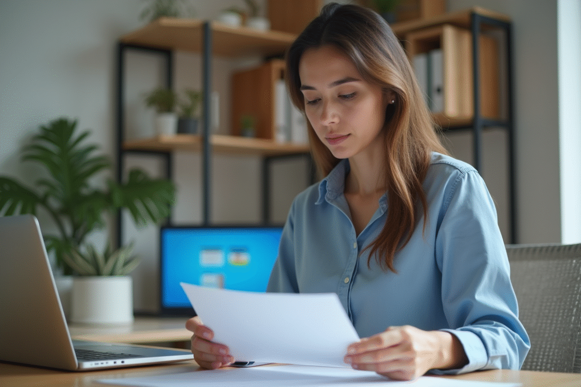 Femme au bureau vérifiant une impression récente