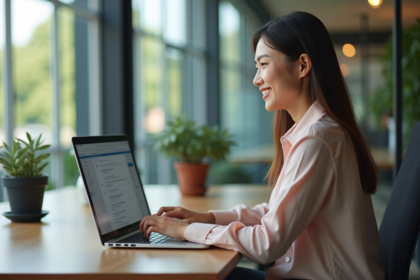 Jeune femme souriante utilisant une plateforme lowcode au bureau