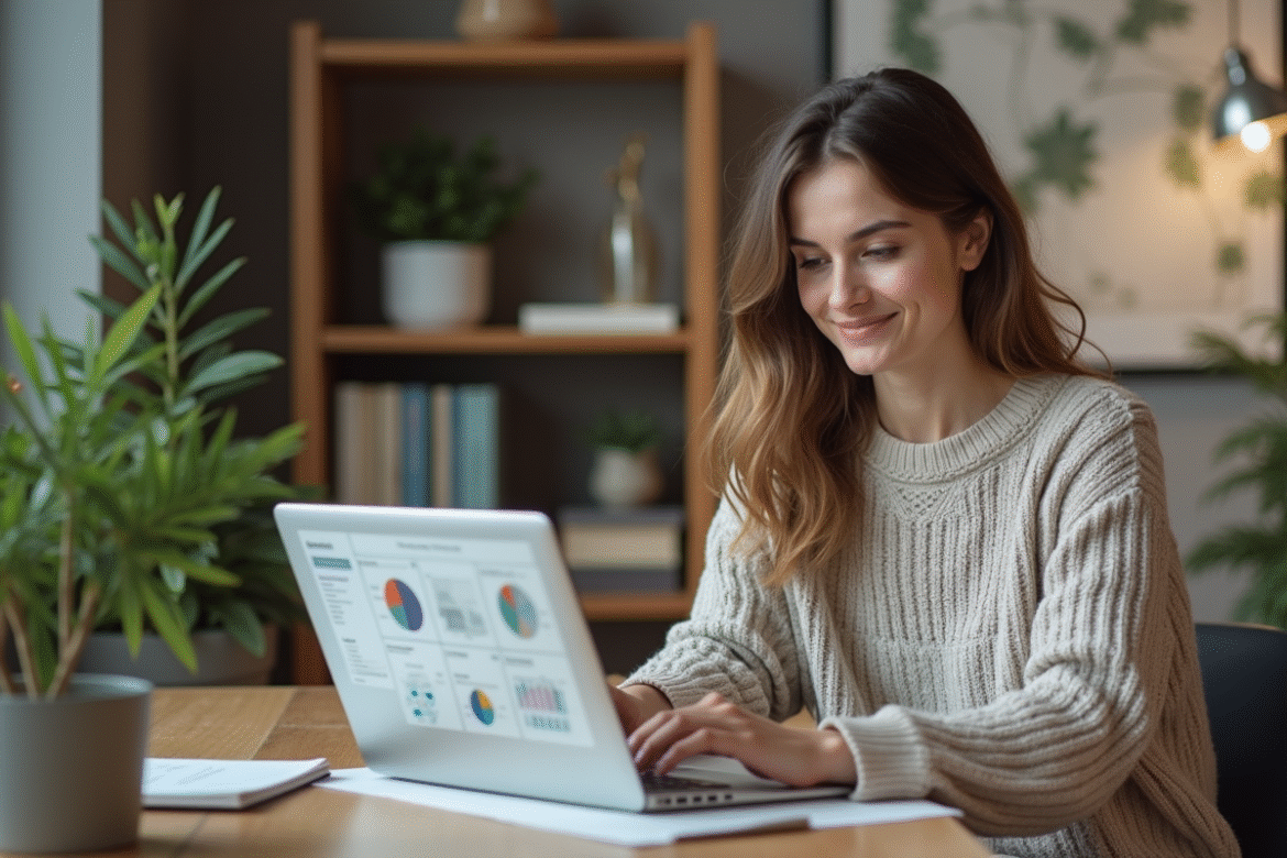 Jeune femme travaillant sur un ordinateur dans un bureau moderne