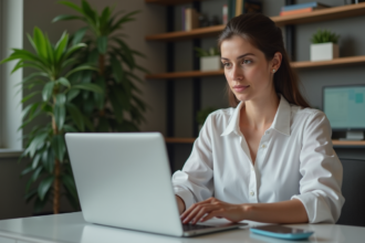 Jeune femme concentrée télécharge Excel 2016 à son bureau