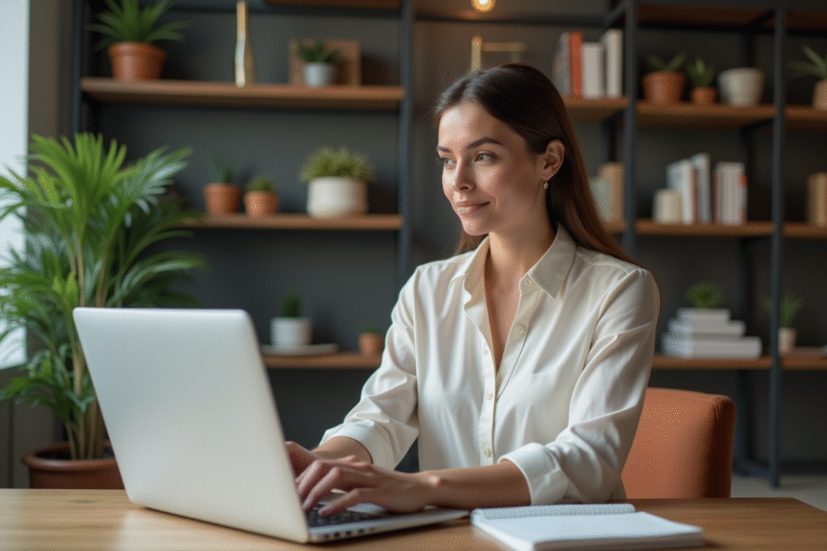 Jeune femme partageant un post sur son ordinateur dans un bureau