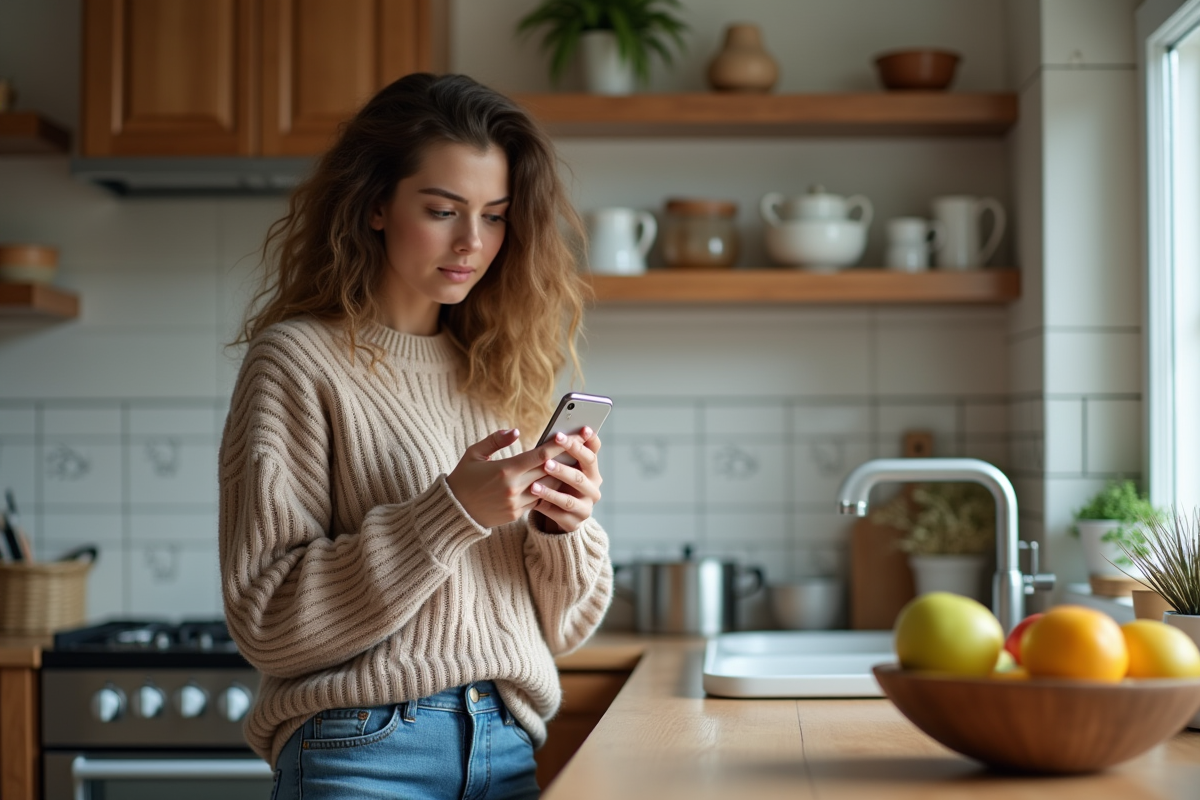 Jeune femme en cuisine vérifiant son smartphone avec surprise