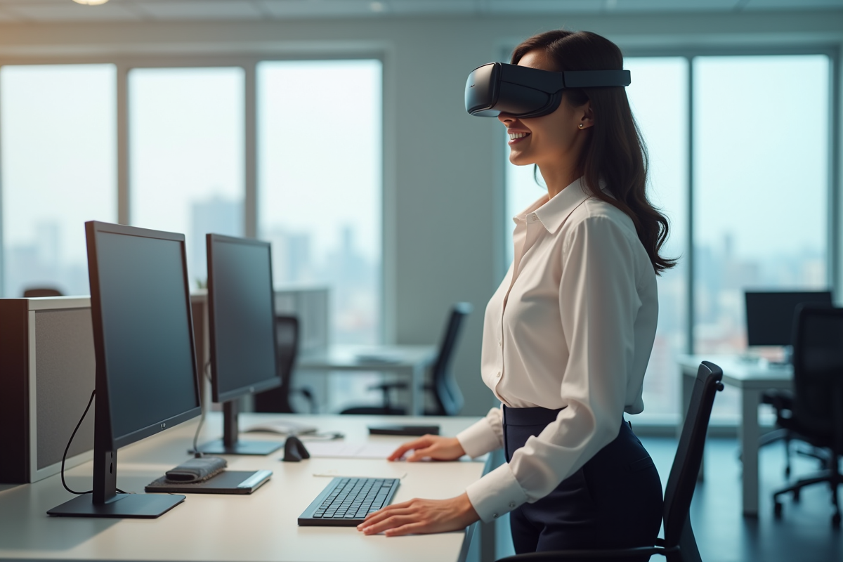 Femme en bureau montrant le casque Quest 4