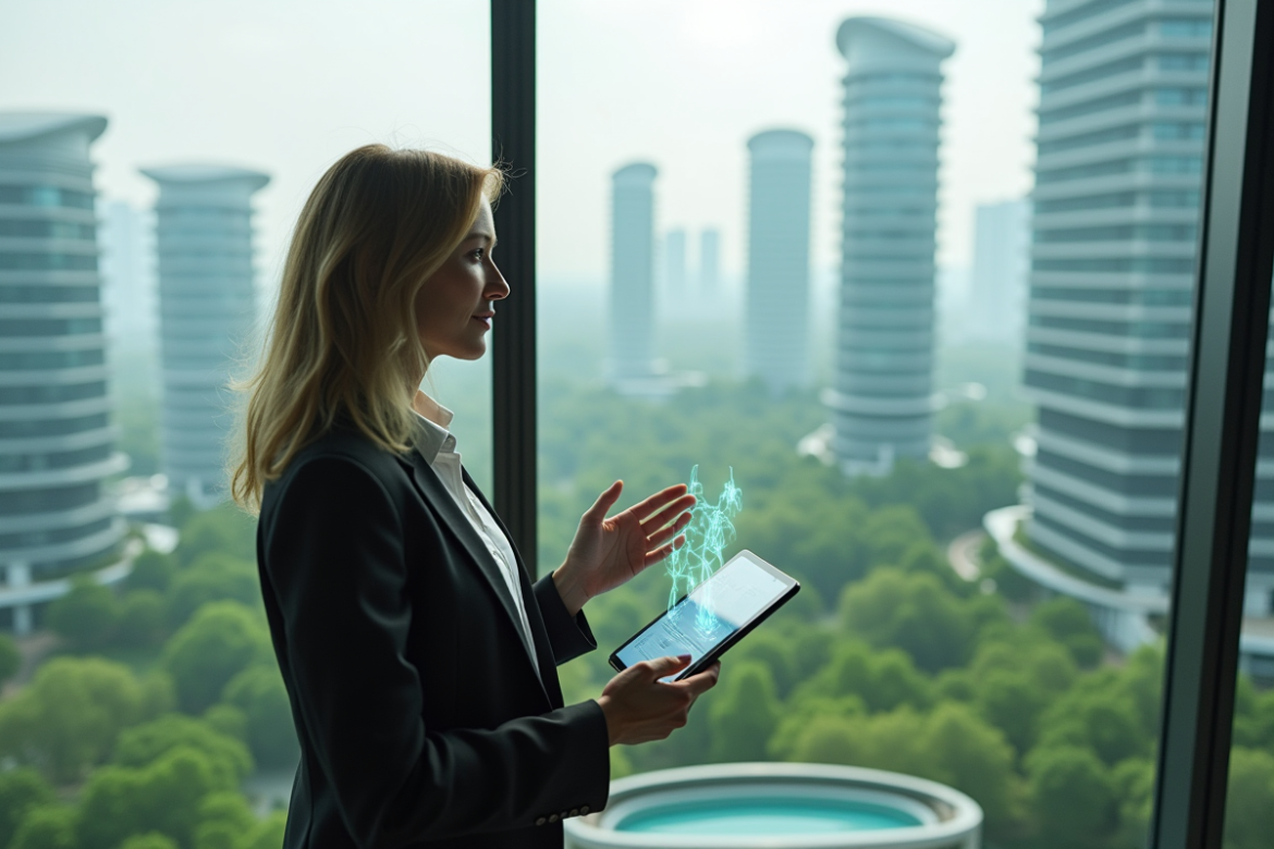 Femme d'âge moyen en tenue futuriste dans un bureau moderne avec vue sur une ville verte