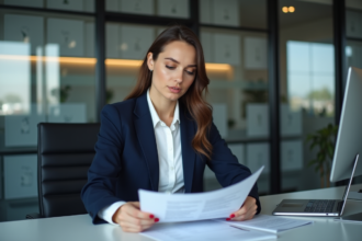 Femme d'affaires examinant des documents GDPR au bureau