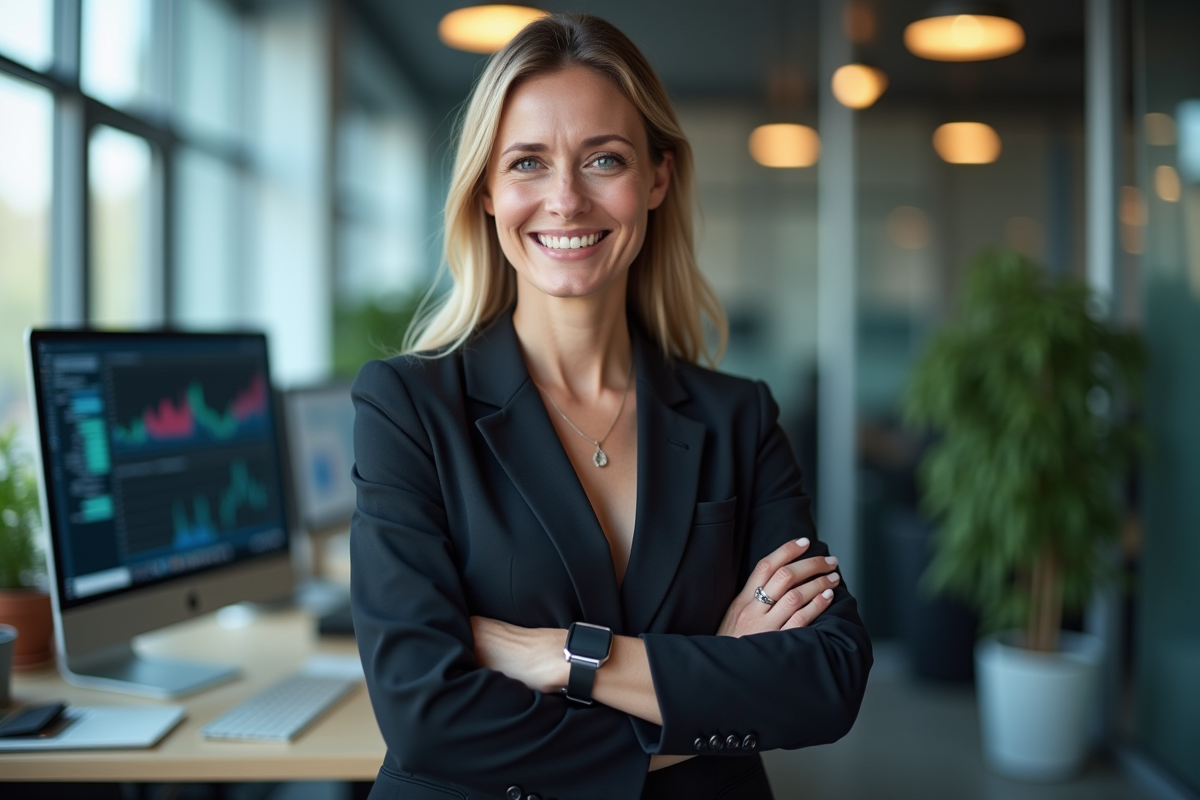 Femme IT en bureau avec écrans de serveur et analytics