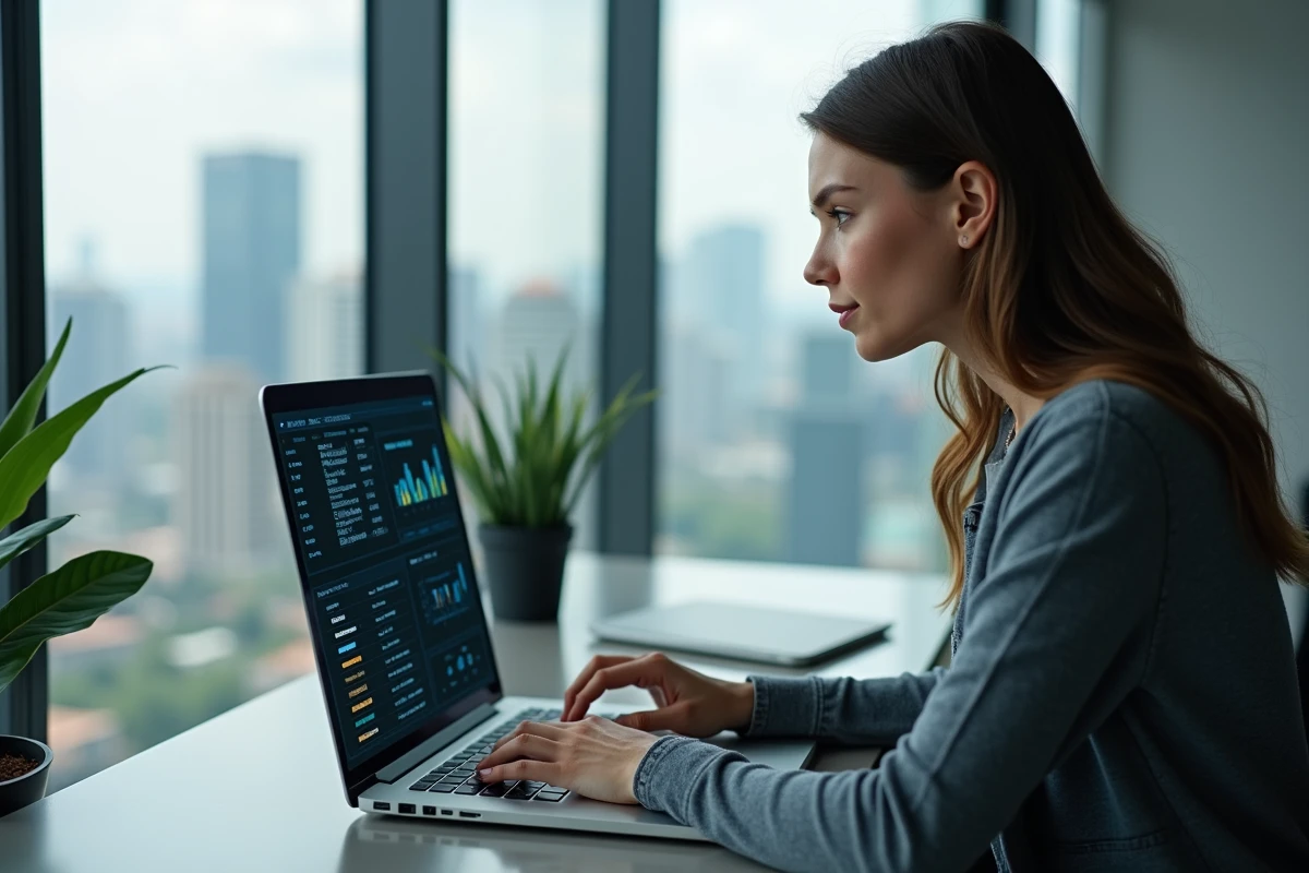 Jeune femme surveillant un tableau de bord réseau dans un bureau lumineux