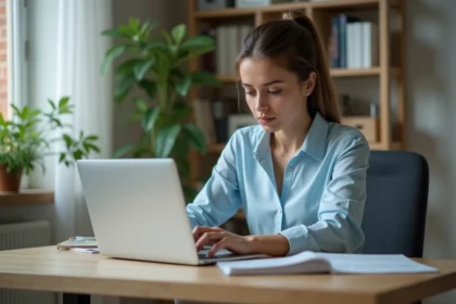 Jeune femme organise des dossiers sur un ordinateur portable
