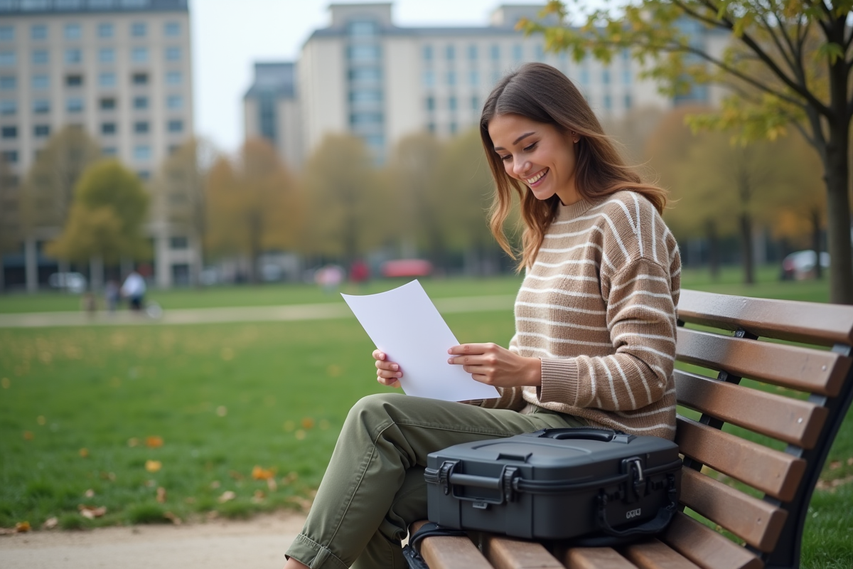 Jeune femme vérifie son permis de drone dans un parc urbain