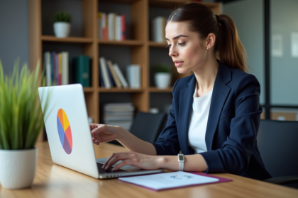Jeune femme en blazer bleu travaillant sur un ordinateur avec un graphique