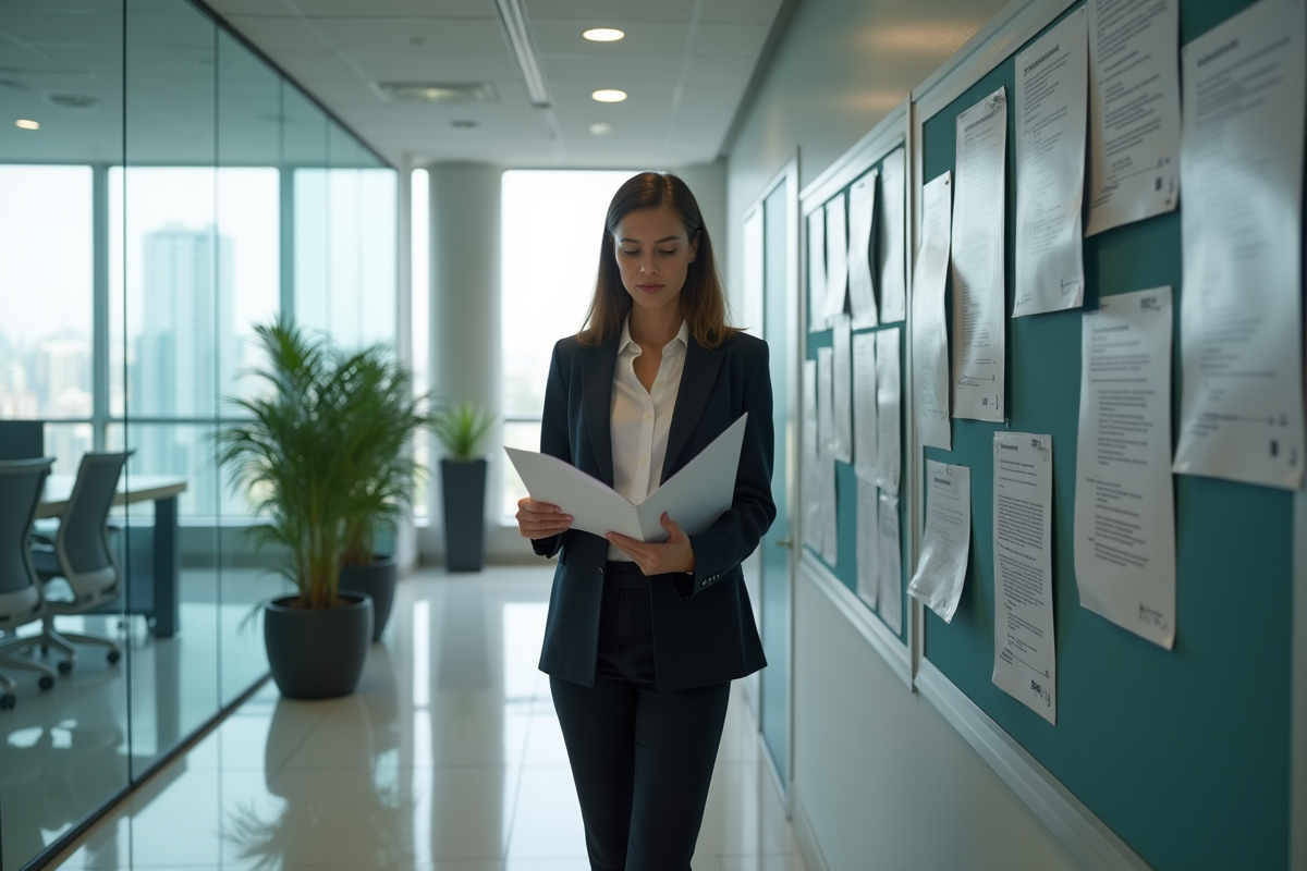 Femme en entreprise examinant un dossier de candidature cybersécurité