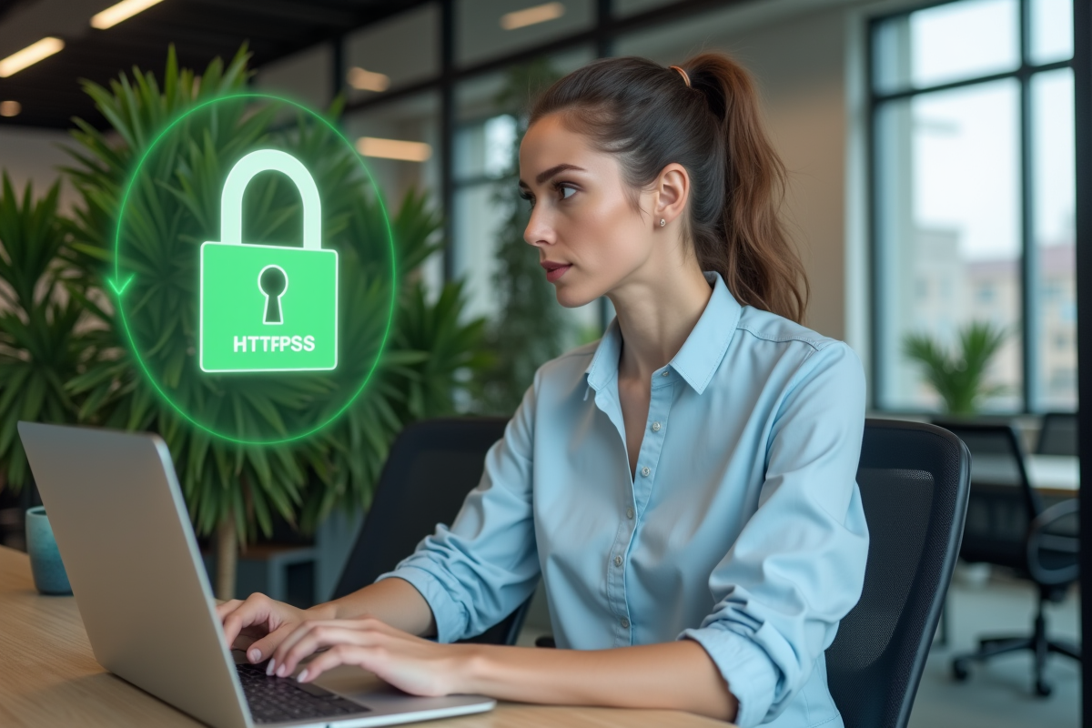 Femme vérifiant un cadenas vert sur son ordinateur au bureau