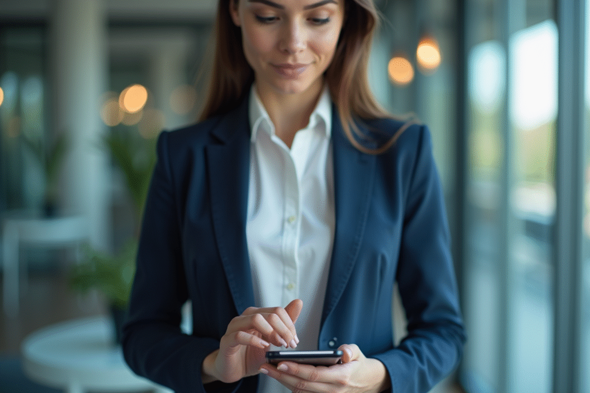 Jeune femme professionnelle déverrouillant son smartphone