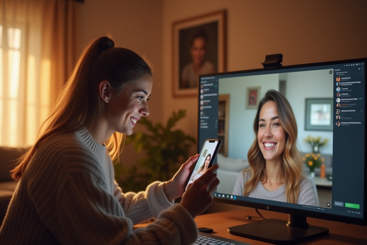 Femme prenant un selfie dans son salon avec un ordinateur affichant ses réactions