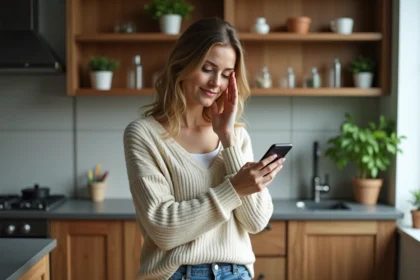 Femme en cuisine tenant son smartphone près du visage
