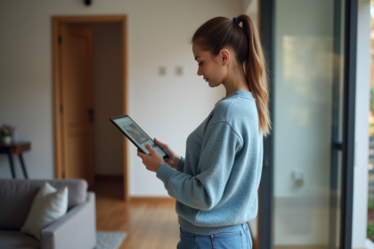 Femme vérifiant une application de sécurité à domicile