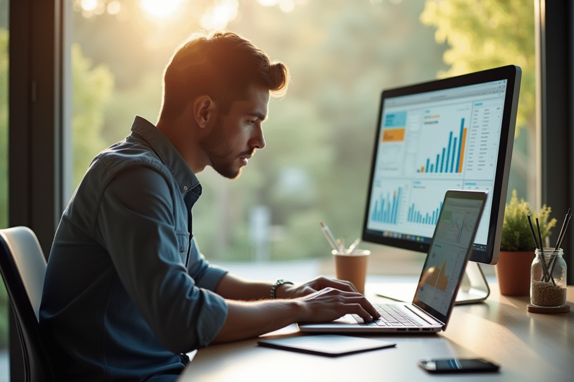 Freelance travaillant sur un ordinateur avec graphiques SEO