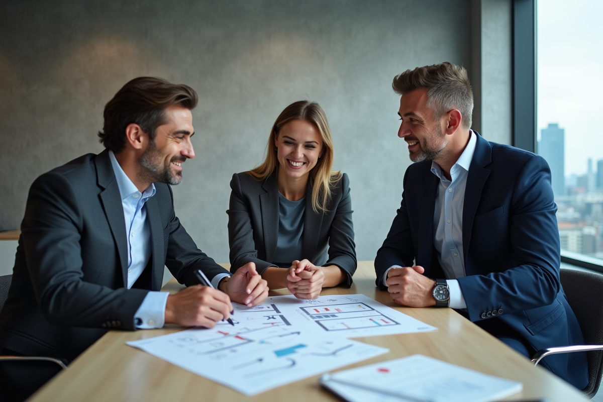 Groupe de professionnels en réunion avec graphiques