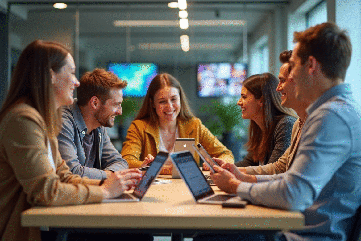 Groupe de jeunes adultes souriants autour d'une table dans un espace moderne