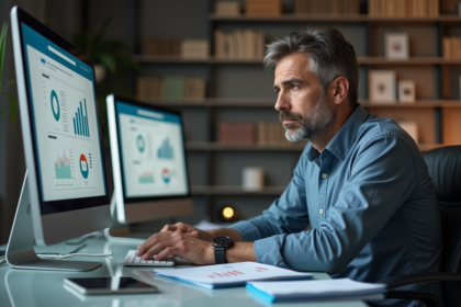 Homme d'affaires contemplant des rapports SEO anciens