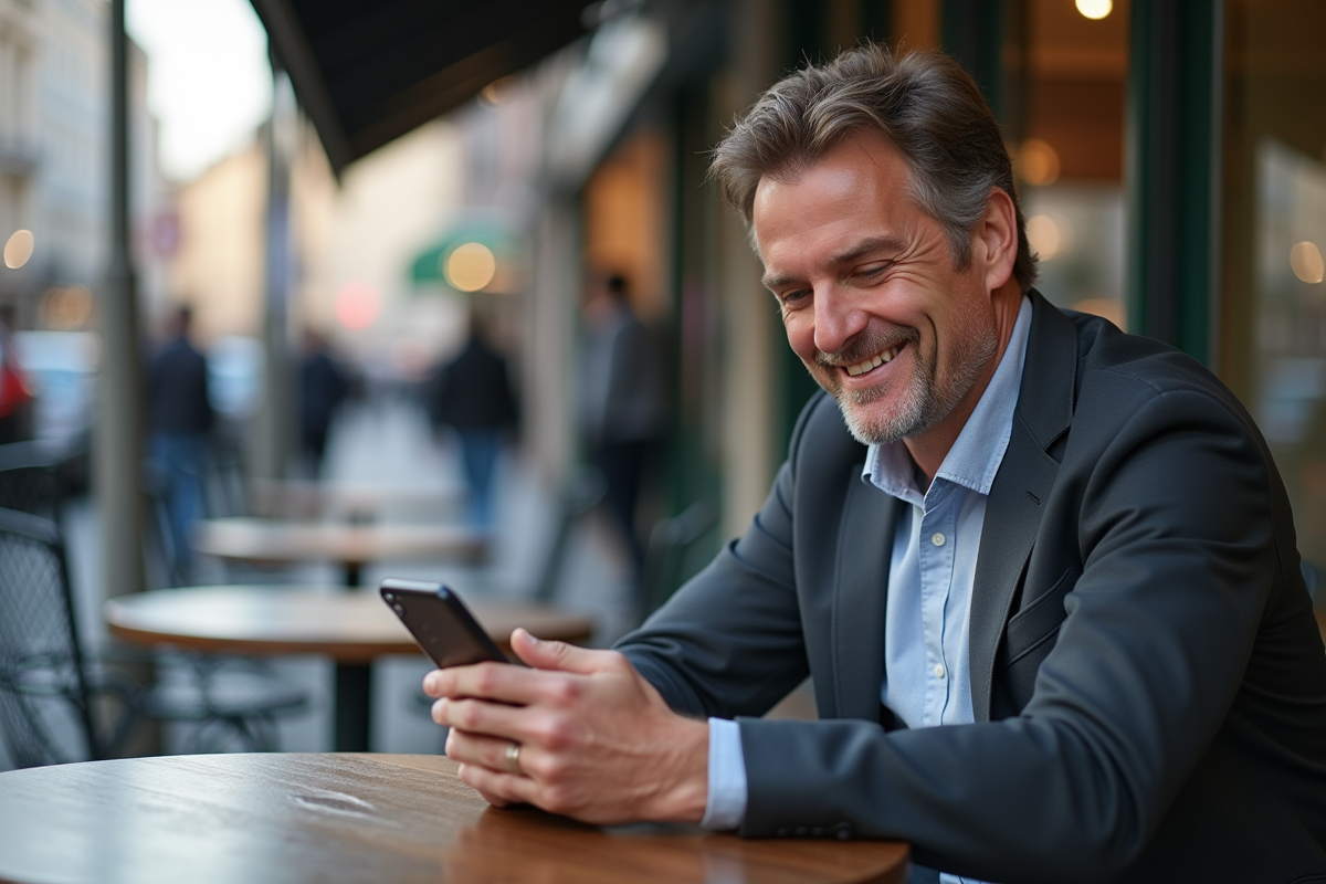Homme souriant partageant du contenu sur son smartphone au café