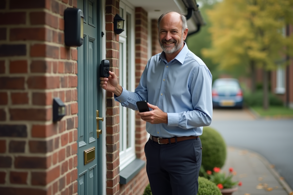 Homme ajustant une caméra de sécurité devant sa maison