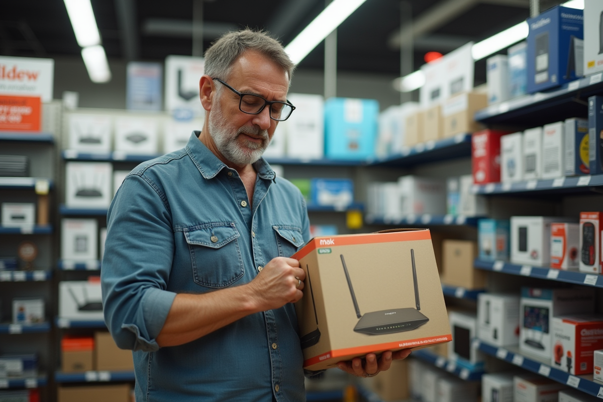 Homme comparant deux boîtes de routeurs dans un magasin d