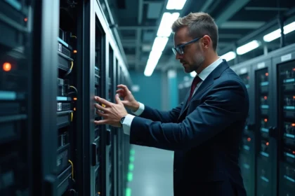 Homme en costume configurant un serveur dans un centre de données moderne