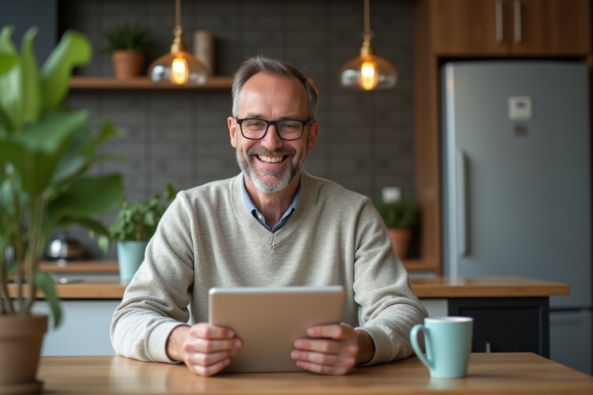 Homme souriant consulte un téléchargement Excel 2016 sur sa tablette