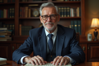 Homme d'âge moyen en costume bleu dans un bureau studieux