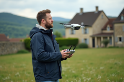 Homme en windbreaker pilote un drone dans un champ rural