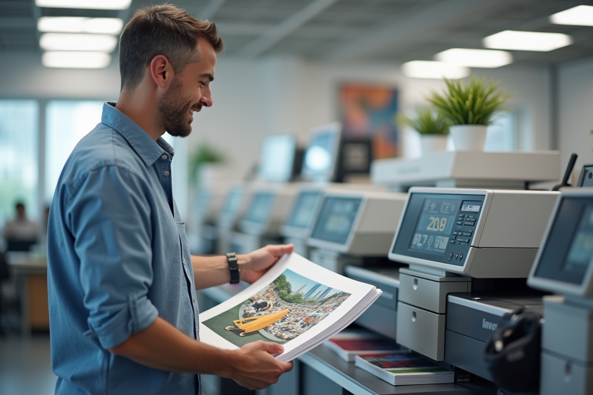 Homme inspectant des impressions dans un atelier d