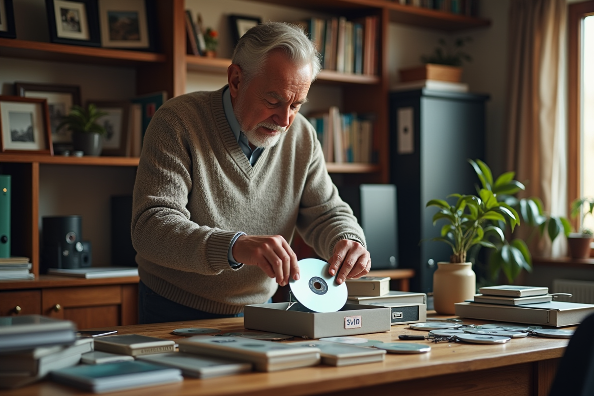 Homme âgé organisant des supports de stockage dans un bureau chaleureux