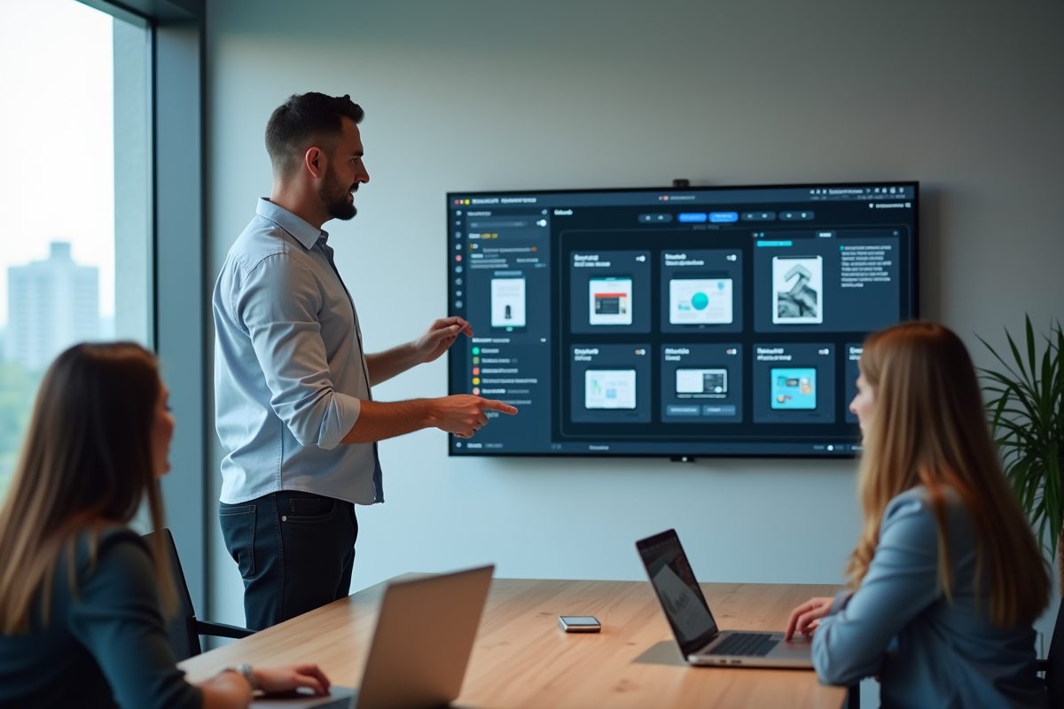 Homme expliquant un workflow de design responsive en réunion