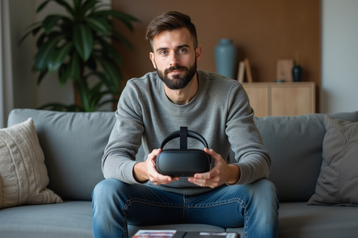 Homme avec casque Quest 4 dans un salon moderne